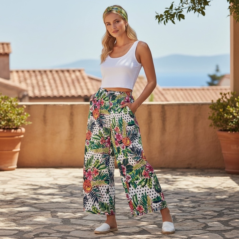 Melissa Paige White Tropical Floral Polka Dot Wide Leg Pants Large Resort Pants